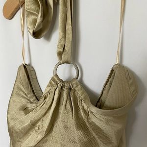 Gold silk like material top with tie around neck. WHBM, Size 4